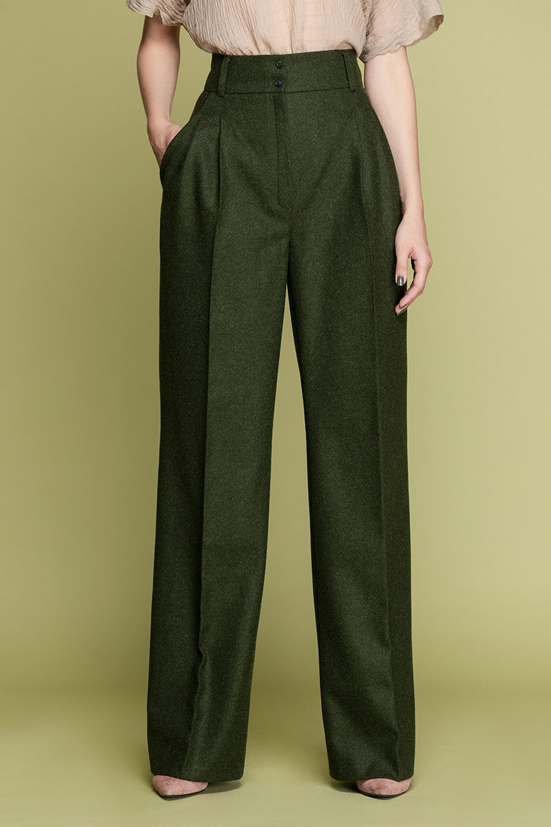 ELISE Woolen Highwaisted Wide Trousers - Green
