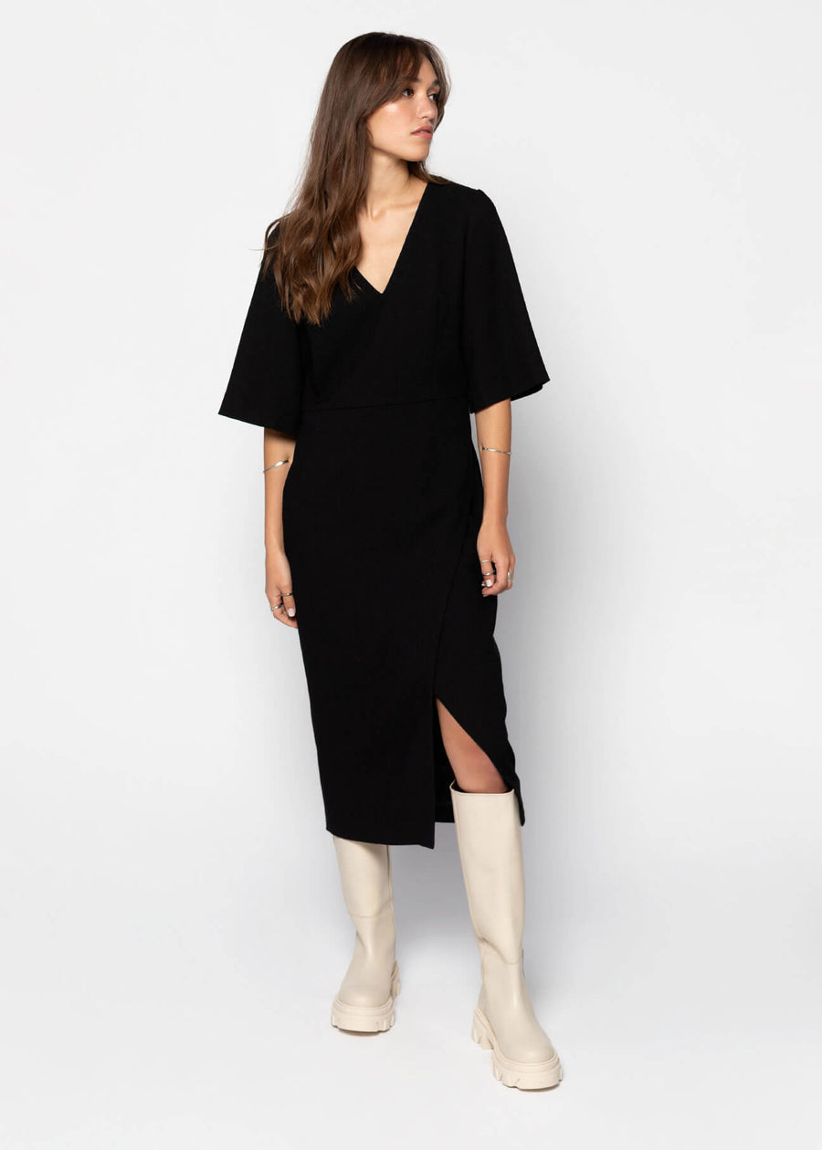 LEANN Front Slit Midi Dress - Black