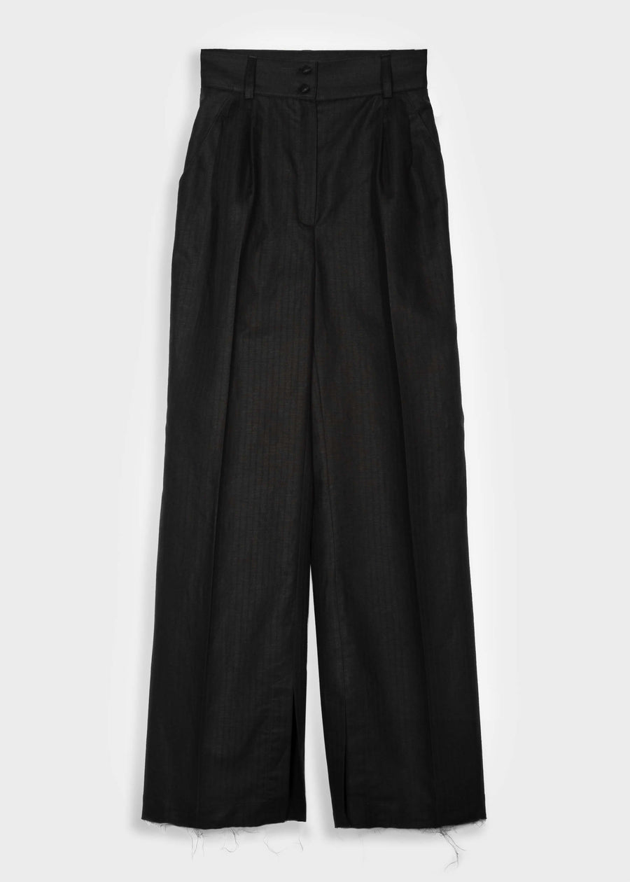 LYNA High-waist Linen Trousers - Black Pinstripe