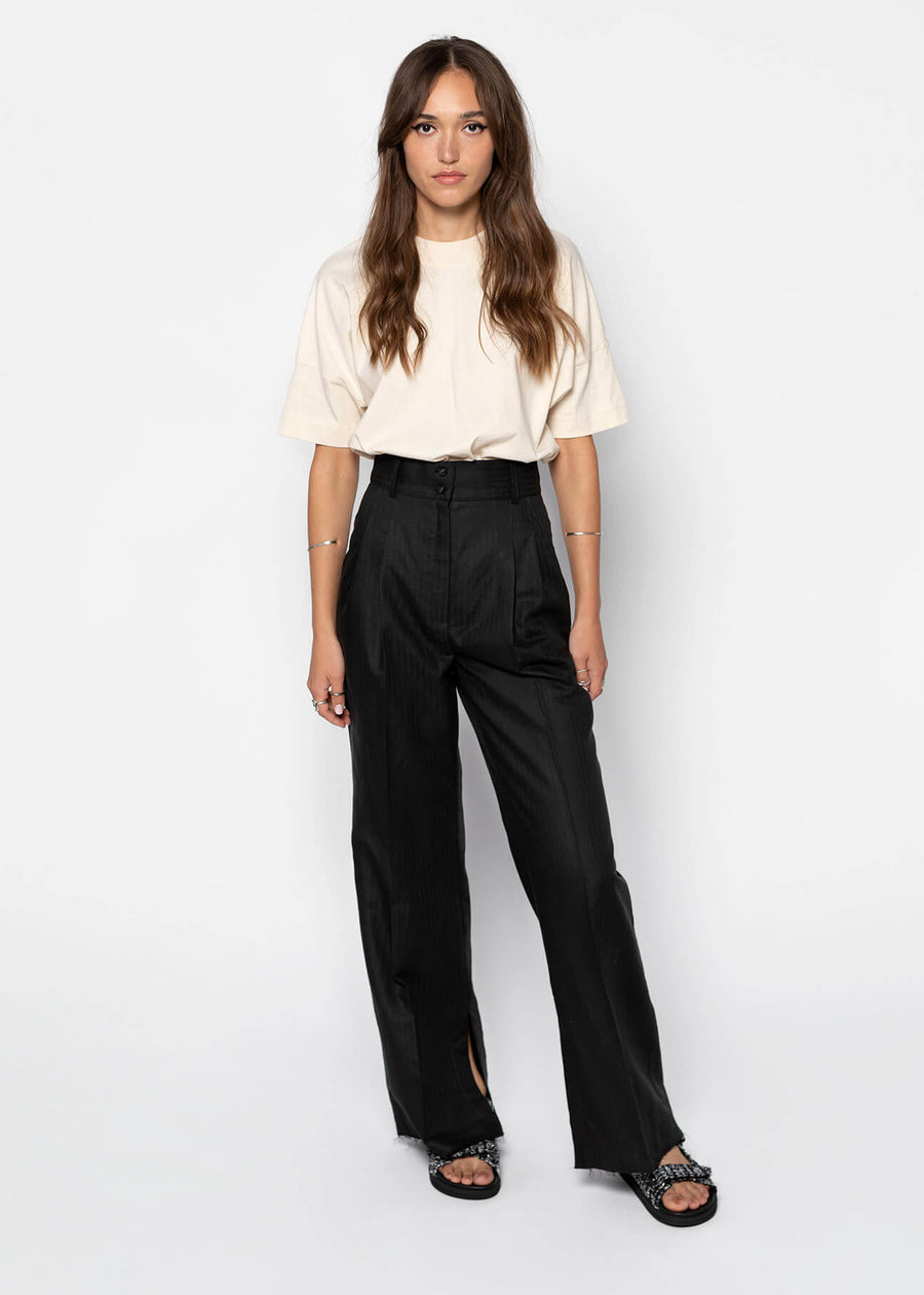 LYNA High-waist Linen Trousers - Black Pinstripe