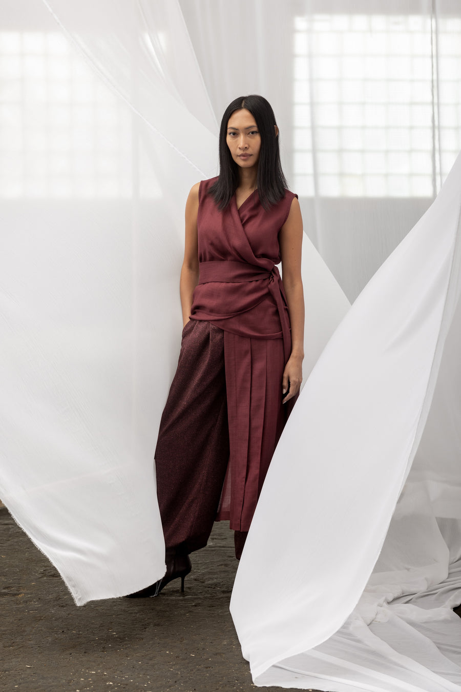 INKERI Sheer Wool Wrap Blouse - Burgundy