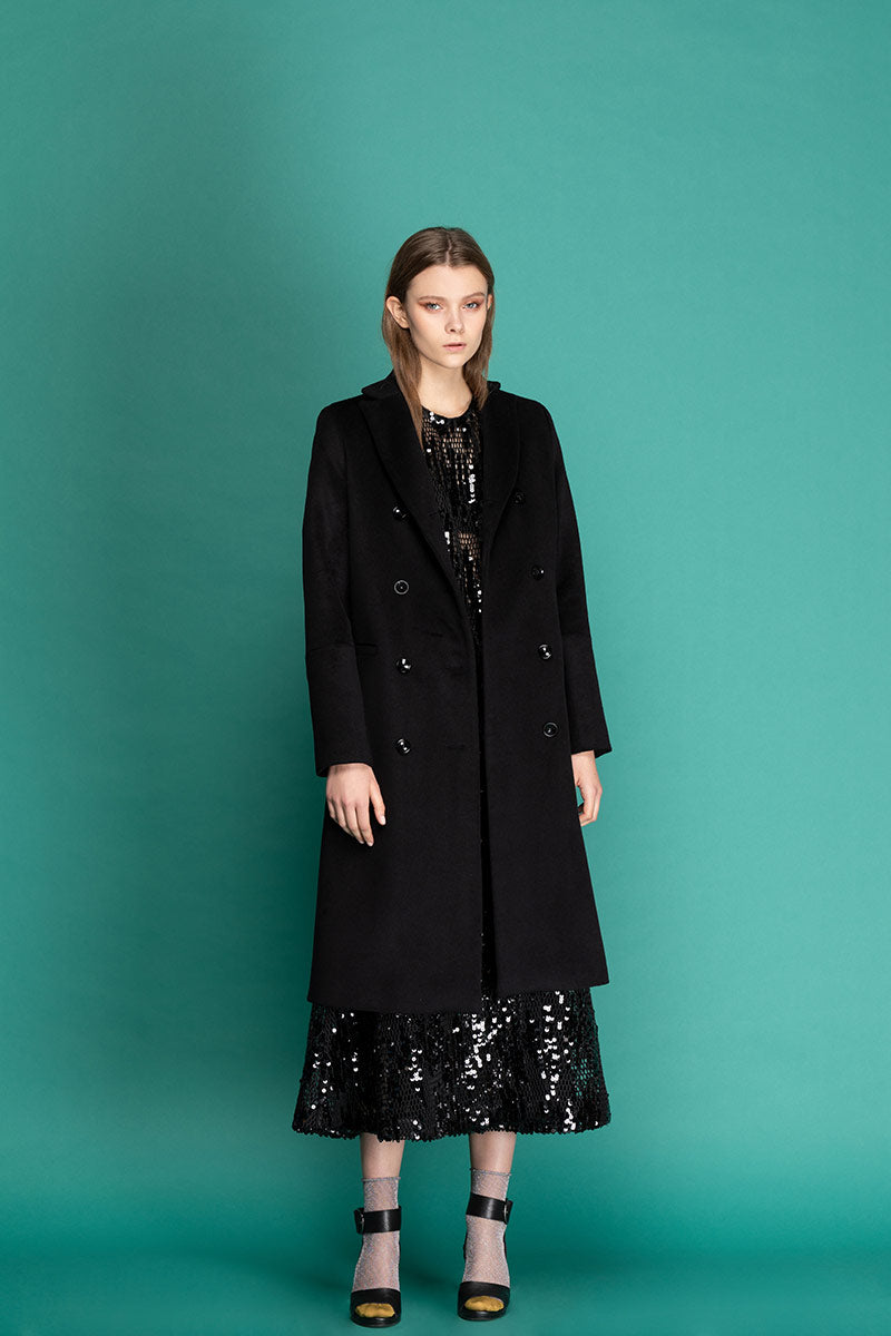 BENITA Woolen Double Breasted Coat - Black