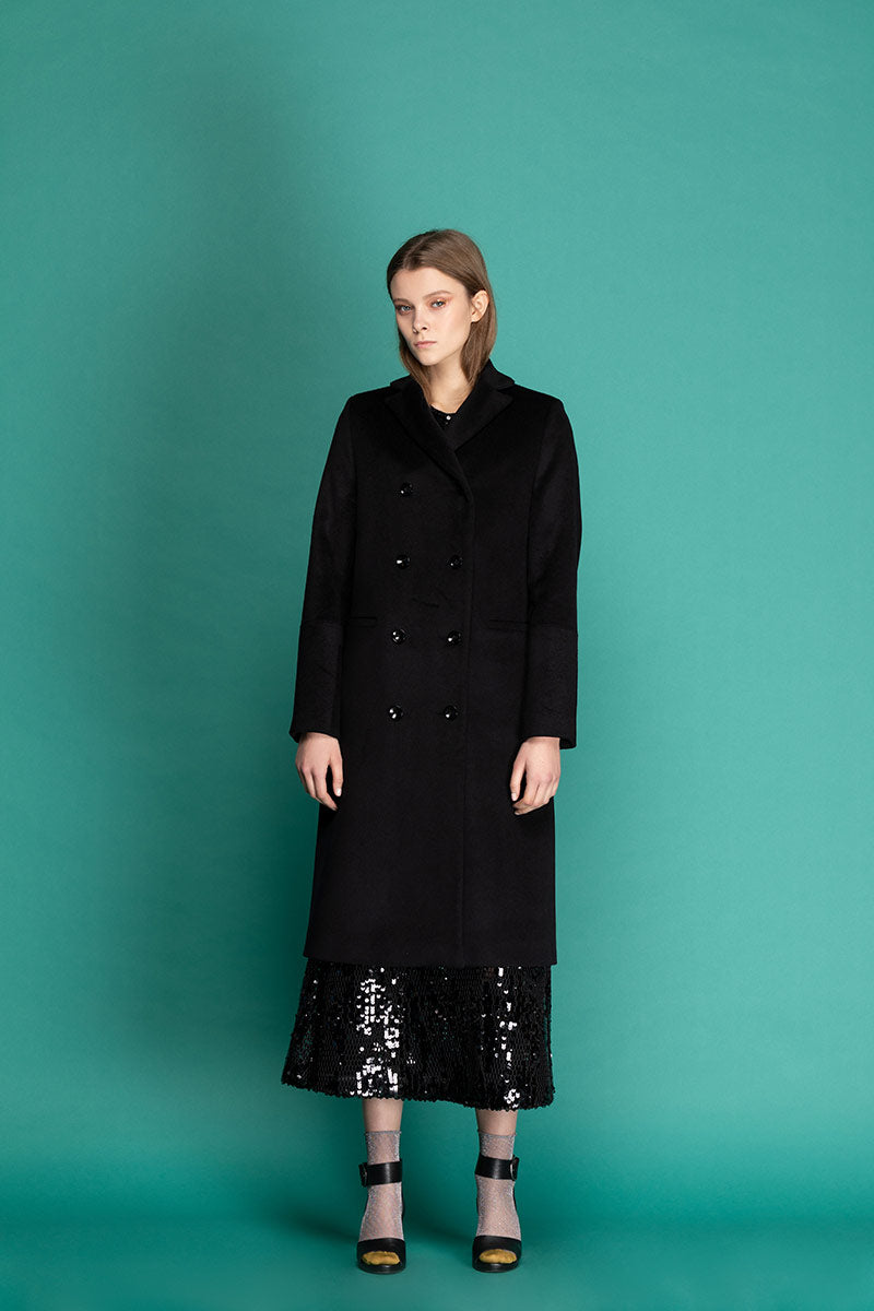 BENITA Woolen Double Breasted Coat - Black