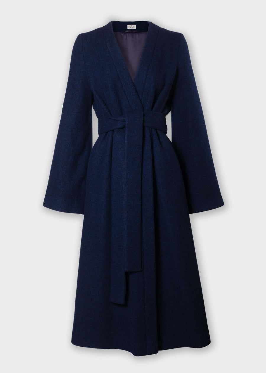CLARA Belted Wool Robe Coat - Blue
