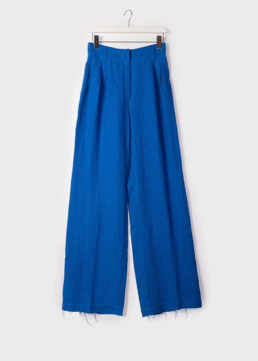 LYNA Wide HIgh-waisted Linen Trousers - Electric Blue