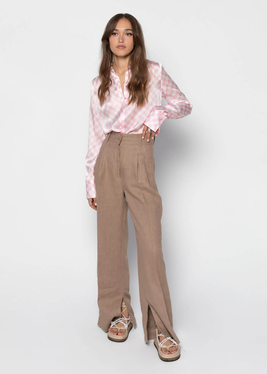 GAMMY Long Sleeved Silk Blouse - Checked Pink