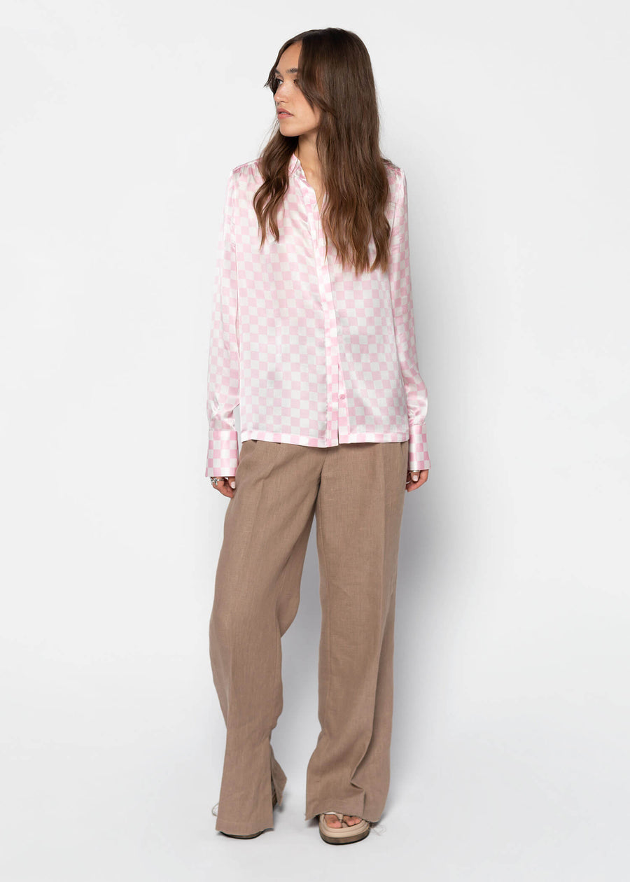 GAMMY Long Sleeved Silk Blouse - Checked Pink