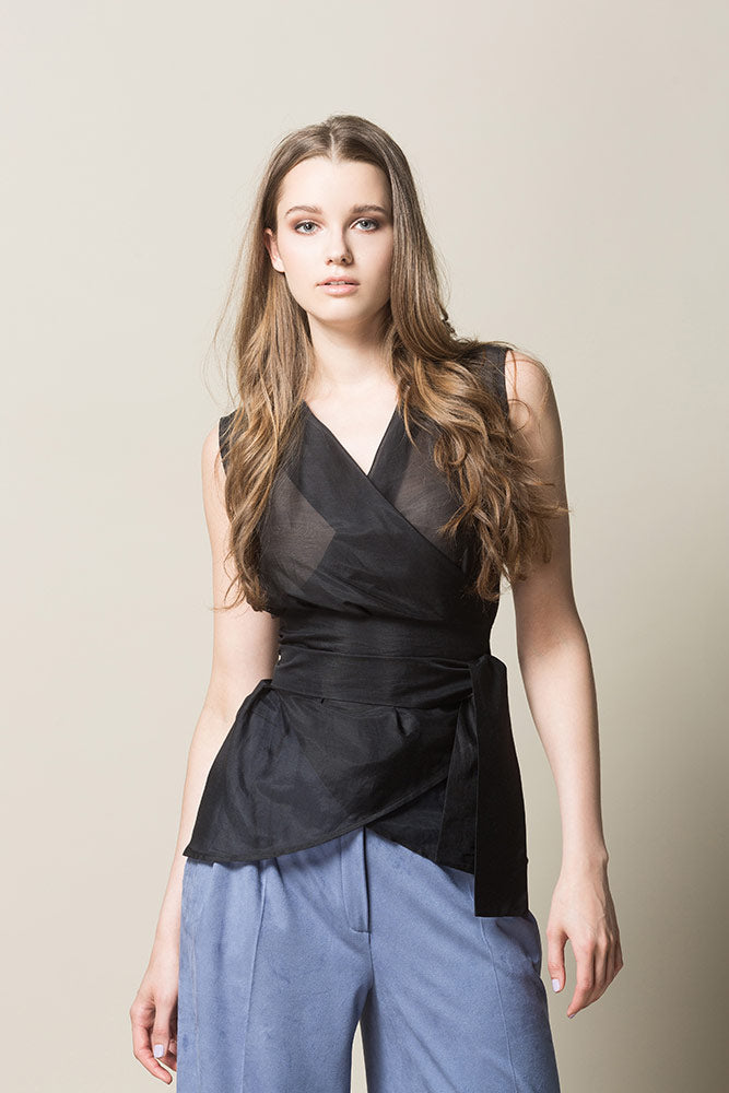 INKERI Sheer Silk Wrap Blouse - Black