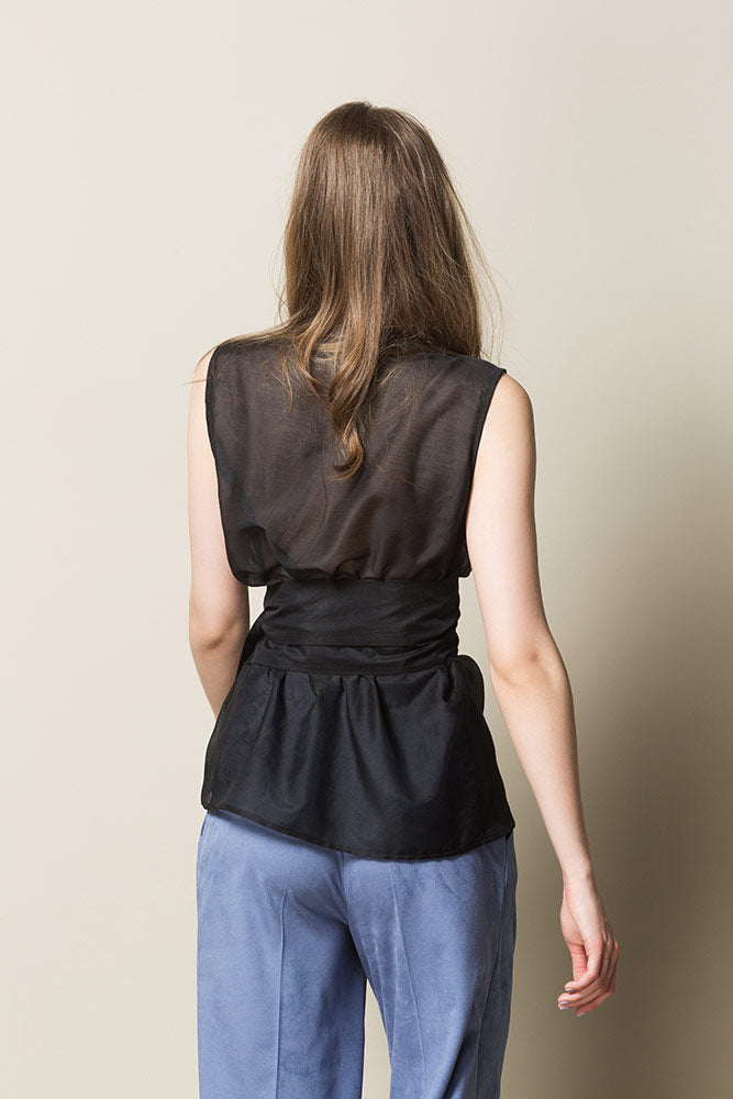 INKERI Sheer Silk Wrap Blouse - Black