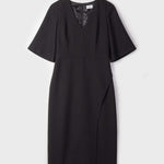 Black kimono sleeve v-neck midi length dress with a slit / Must kimono varrukatega midipikkusega lõhikuga kleit naistele