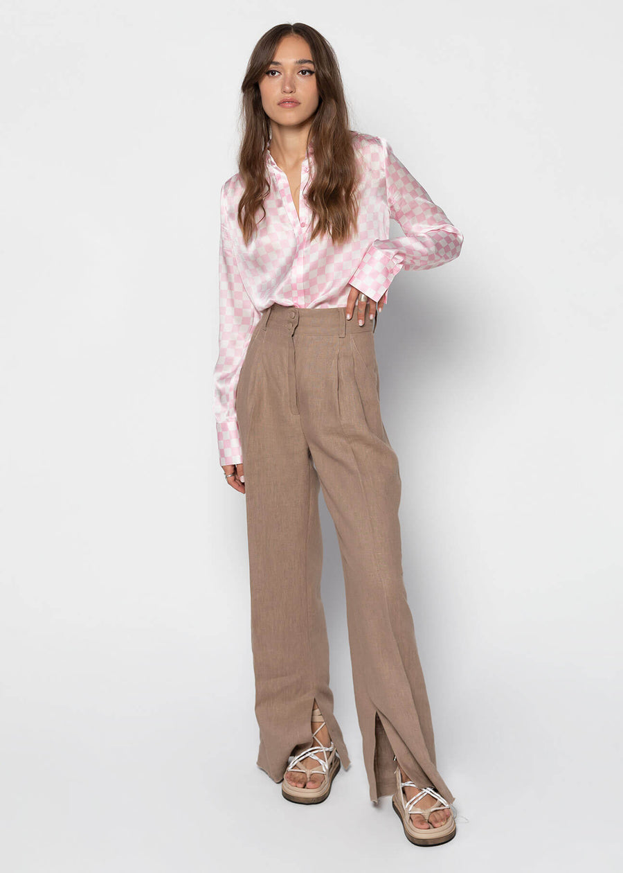 LYNA Wide High-waisted Linen Trousers - Latte