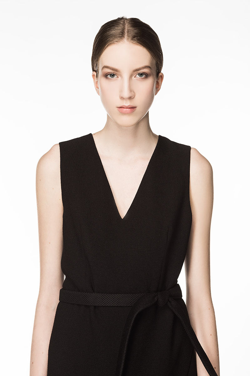 KEIRA Side Slit Belted Dress - Black