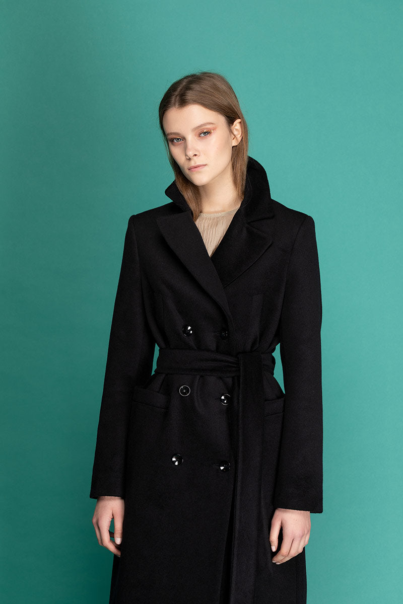 MAGIE Woolen Double Breasted Belted Coat - Black